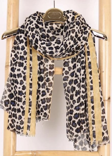 Dames lange sjaal met panterprint  zwart/blauw/okergeel