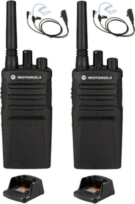 Set van 2 Motorola XT420 UHF IP55 PMR446 met laders en beveiliging oortje M1 2-Pins
