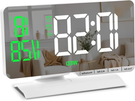 Digitale Spiegelwekker - Nachtklok Datum - Wakker Worden - Groot LED Display - 7.3 Inch - Wit