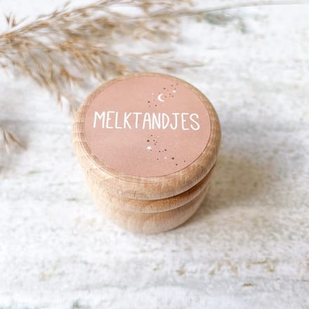 Tandendoosje | melktandjes | hout | roze | opdruk: sticker
