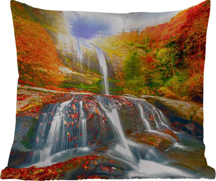 Tuinkussen - Waterval - Natuur - Herfst - Rood - Water - 40x40 cm - Weerbestendig
