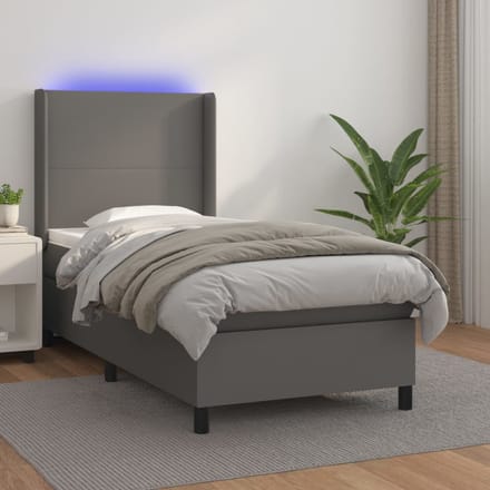 vidaXL - Boxspring - met - matras - en - LED - kunstleer - grijs - 90x200 - cm