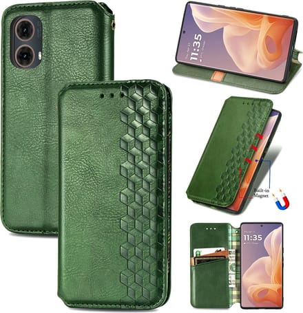 Luxe PU Lederen Ruitpatroon Wallet Case + Glas Screenprotector voor Moto G85 _ Groen
