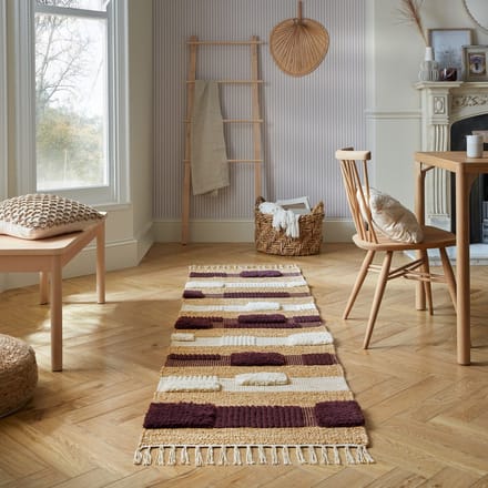 Flycarpets Loper Medina Blocks Jute Vloerkleed Naturel / Paars 67x200 cm