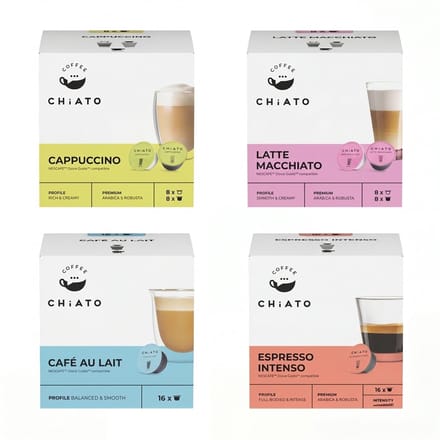 CHiATO Koffiecups Megabundel - Café au Lait, Cappuccino, Espresso Intenso & Latte Macchiato - Geschikt voor Dolce Gusto® - 48 Consumpties (64 capsules)