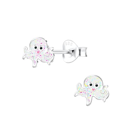 Joy|S - Zilveren octopus oorbellen - wit met glitter - 7 mm
