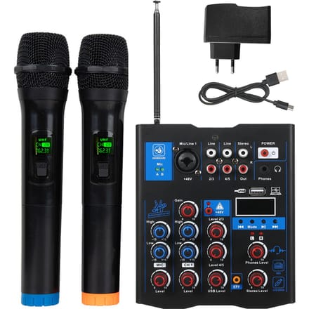 Professionele audiomixer met dubbele draadloze microfoon, geluidskaartconsolesysteeminterface 4 EU Plug zwart