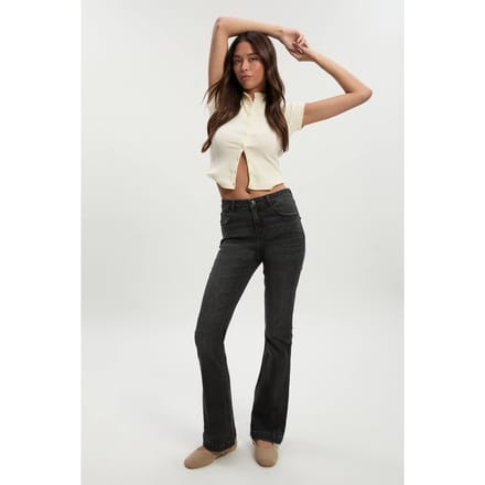 boohoo Dames Midden taille Y2K bootcut jeans | Washed Black | Maat: 16