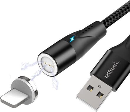 DrPhone Magnetische Lightning Kabel – 360° Draaibaar – Tot 3A – Dataoverdracht – LED – Nylon – USB-A – 1 Meter – Zwart