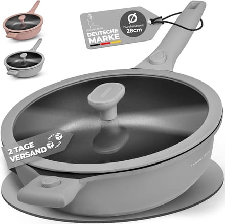Hapjespan met Deksel - Koekenpan Bakpan - Snel Koken - Afneembare Handgreep - 28 cm - Grijs