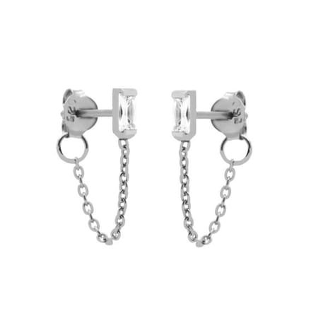 Karma Chain Oorbel White Zirconia Single Square Zilver Plated M3131