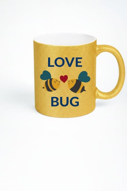 Gouden Glitter Mok "LOVE BUG" met Liefdes Bijen | Romantisch Cadeau & Valentijn Beker