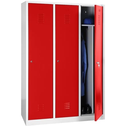 Kledinglocker, 3 deuren, B 1200 x H 1800 mm cilinderslot, lichtgrijs/rood