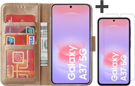 Hoesje met Screenprotector Geschikt voor Samsung Galaxy A37 – Arara bookcase met pasjeshouder - Goud