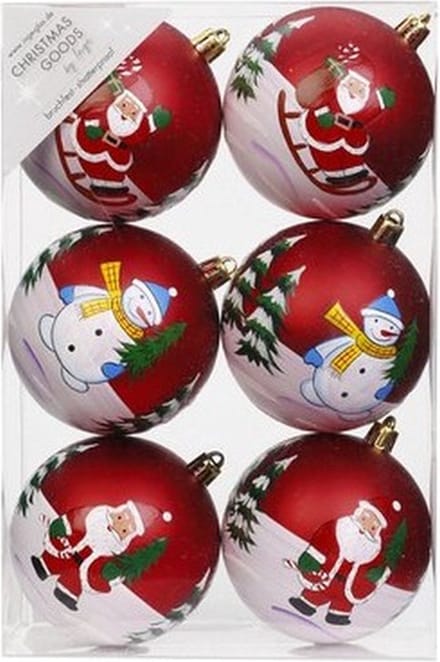 Inge-glas 6x rode kerstballen 8 cm - kunststof - onbreekbaar - met print - kerstboomversiering