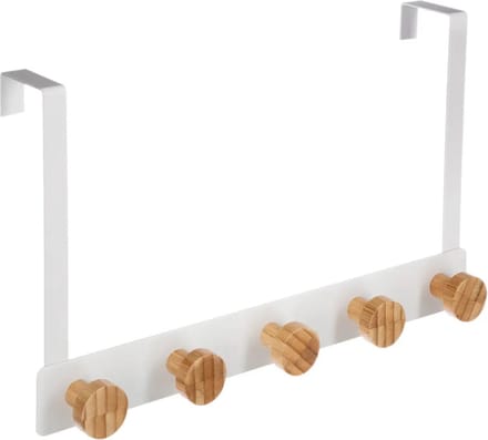 5Five Deurkapstok - met 5 ophanghaken/knoppen - wit/beige - B33 x H20 cm - metaal/bamboe