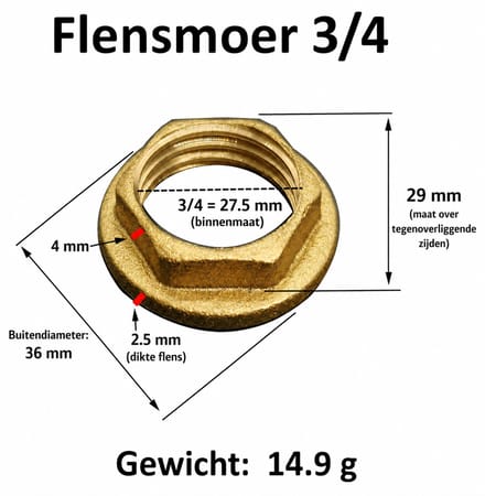 3/4 inch Messing flensmoer – stevig, corrosiebestendig en veelzijdig inzetbaar (± 26,5 mm buitendraadmaat)