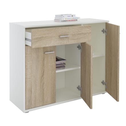 Sideboard ESTELLE met 3 deuren en 1 lade - Wit/Sonoma-eiken