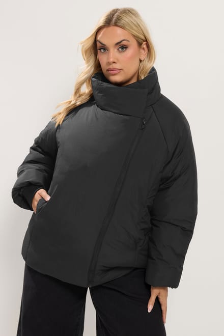 Yours Zwarte Gewatteerde Jas Met Asymmetrische Rits Size 44