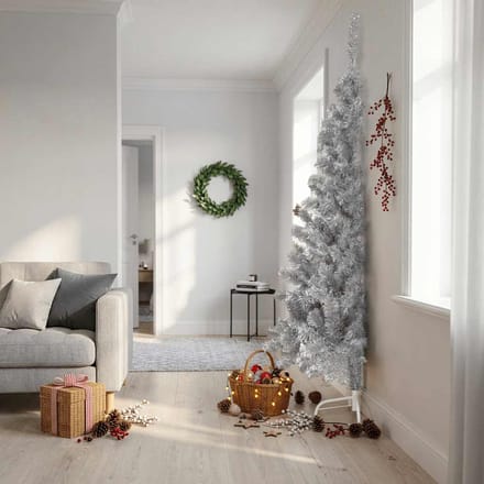 vidaXL Kunstkerstboom half met standaard 240 cm PET zilverkleurig