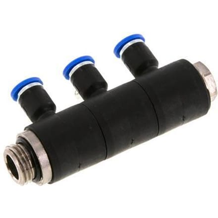 4mm x G1/4'' 3-way Manifold Messing/PA 66 Insteekfitting Buitendraad Draaibaar NBR