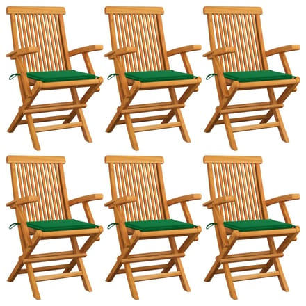 vidaXL - Klapstoelen - met - groene - kussens, - 6 - stuks, - massief - teakhout