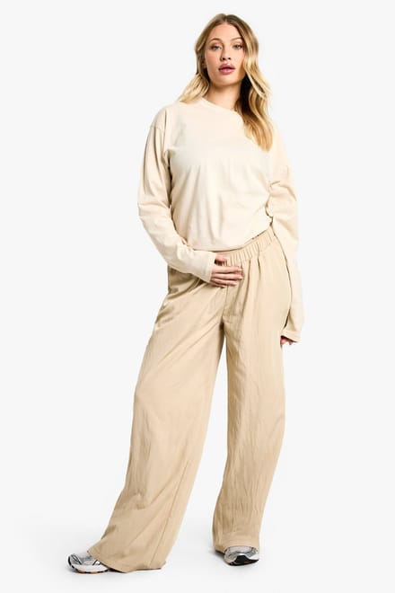 boohoo Dames Zwangerschapsbroek van nylon met elastische, wijde pijpen | Steen | Maat: 46