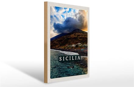 Holzschild Reise 30x40cm Sizilien Strand Meer Urlaubsort Trip