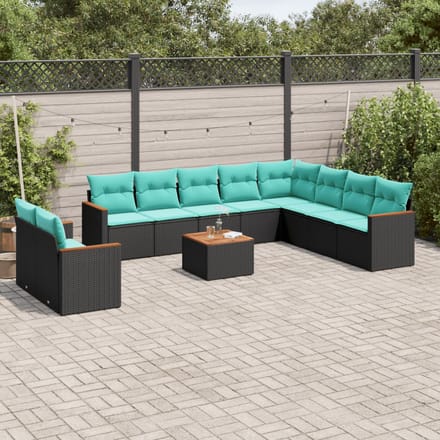 vidaXL - 11-delige - tuinbankset - met - kussens, - zwart - polyrotan