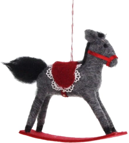 Hobbelpaard grijs met rood dek vilt 12x4x11cm