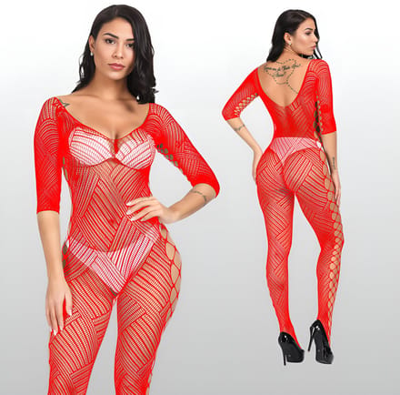 Rode Catsuit met Open Design - Sexy Lingerie - Visnet - One Size S-L (36-40) | LS390