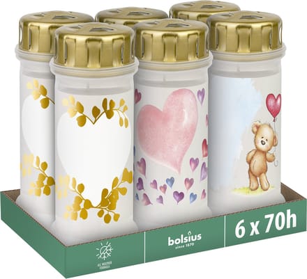 Bolsius - Herdenkingslicht - Wit met Teddybeer & Hartjes & Ballonnen - 6 stuks