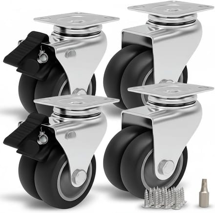 Set van 4 Stevige Apparaatrollen met Dubbele Zwenkwielen en Rem - 50mm Grijs