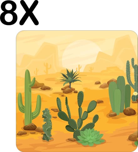 Luxe Placemat - Cactussen in de Woestijn - Getekend - Set van 8 Placemats - 50x50 cm - 2 mm dik Vinyl - Anti Slip - Afneembaar