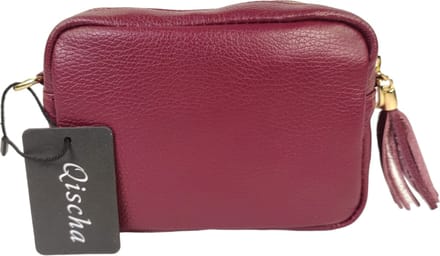 Qischa® - leder - Crossbody handtas - vak met rits - instelbare riem - pruim rood