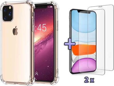 HB Hoesje Geschikt voor Apple iPhone 11 Pro Max - Anti Shock Hybrid Back Cover / 2X Glazen Screenprotector - Transparant