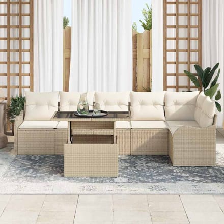 vidaXL Tuinbank Set met kussen met kussen 7 pcs Beige Poly Riet