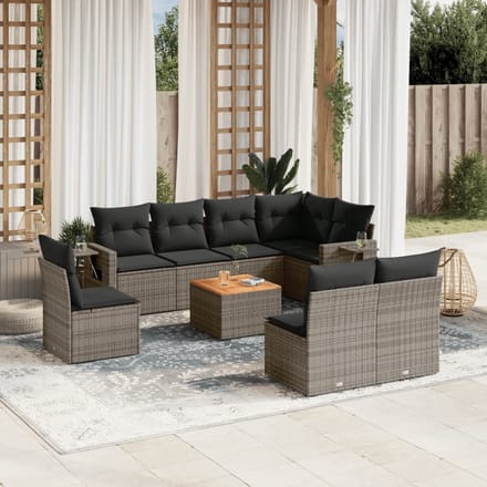 vidaXL - 9-delige - Loungeset - met - kussens - poly - rattan - grijs