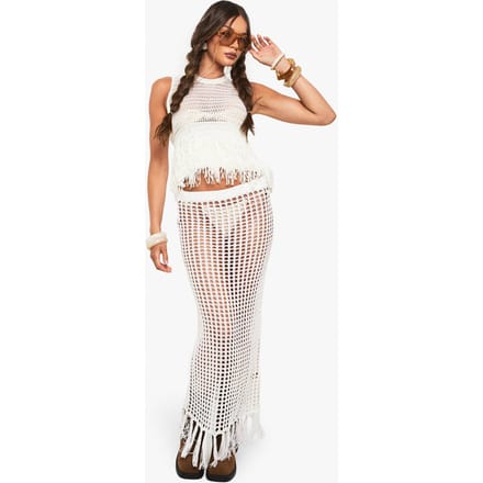 boohoo Dames Gehaakte rok met kwastjes | Cream | Maat: Medium