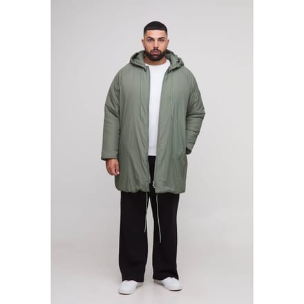 Plus Regular Fit Longline Hooded Zip Up Padded Parka Jacket | Khaki | Size 2XL