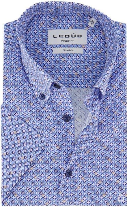 Ledûb Overhemd Allover Fantasy Pattern Easy-Care Cotton Button-Down Midden Blauw / male
