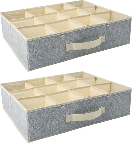 MSV kleding/kast organizer - 2x - 12 vakken - grijs - 45 x 36 x 12 cm - opbergdoos