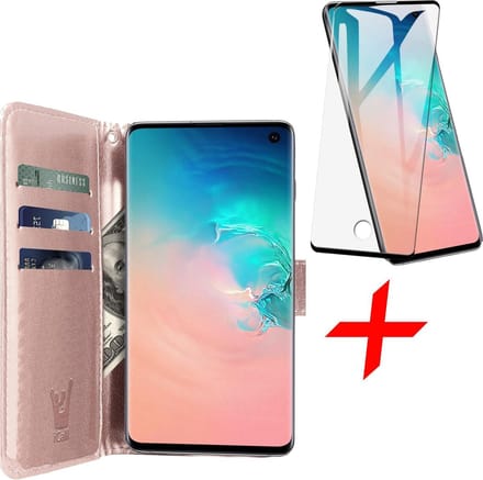Hoesje geschikt voor Samsung Galaxy S10 - Screen Protector FullGuard - Book Case Kunstleer Pasjeshouder Rosegoud & Screenprotector