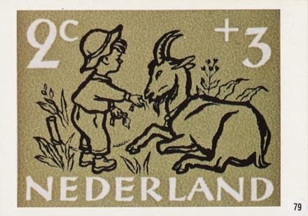 Briefkaart met afbeelding jongentje met geit postzegel