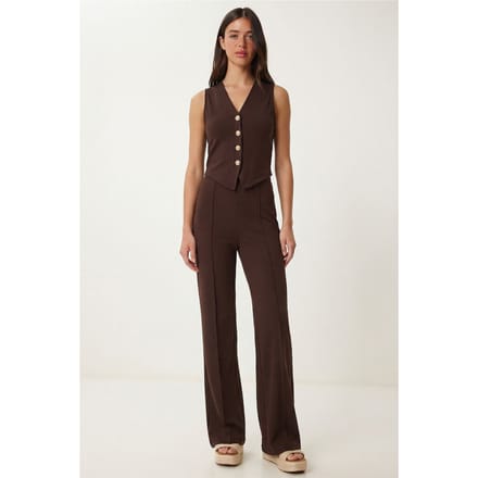 Hoge Taille V-hals Knopen Wijde Poot Co-ord Set