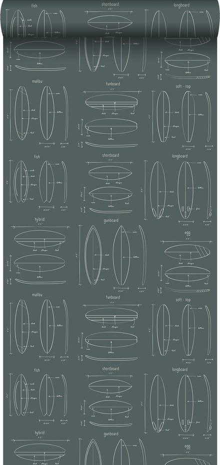 ESTAhome behang technische tekeningen van surfplanken vergrijsd groen - 53 cm x 10.05 m - 128870