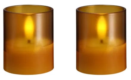 Moods & More Hurricane LED Glaskaarsen Honey Mustard – 2 stuks – Ø 4,7 × 5,7 cm