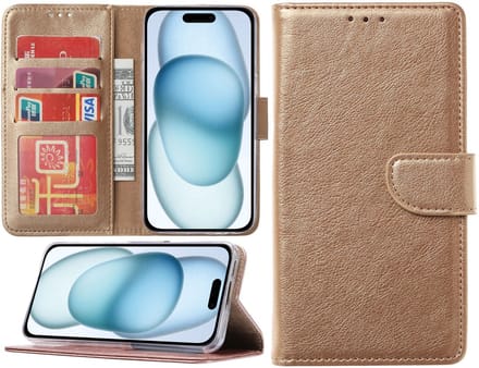 Hoesje geschikt voor iPhone 15 Plus - Bookcase - Pasjeshouder - Kunstleer - Goud
