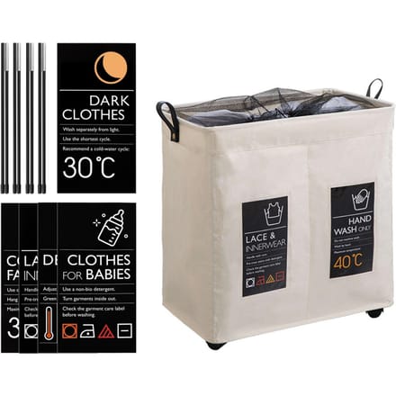 Rollende slanke wasmand 2 vakken met universele wielen en handvat Opvouwbare Oxford-stof beige