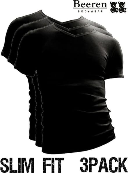 Beeren heren T-Shirt - V-Hals - maat M - 3-Pack - Zwart - Slim Fit